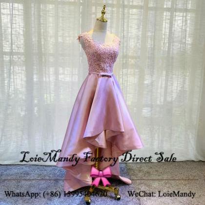 Pink High Low Prom Dresses Elegant Lace Short Prom..
