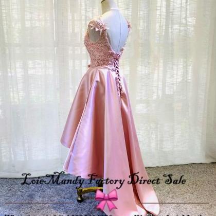 Pink High Low Prom Dresses Elegant Lace Short Prom..