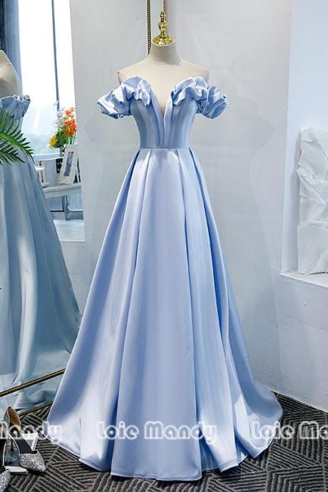 Light Blue Evening Dresses Elegant Off Shoulder Backless Streamer Prom Party Reception Dress